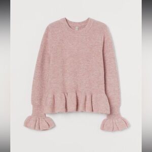 Women’s H&M divided pink stretchy peplum knitted sweater ruffled cuffs‎ size XS